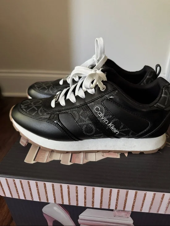 Calvin Klein Black and White Women’s Logo Lace-Up Sneakers - Picture 2 of 8